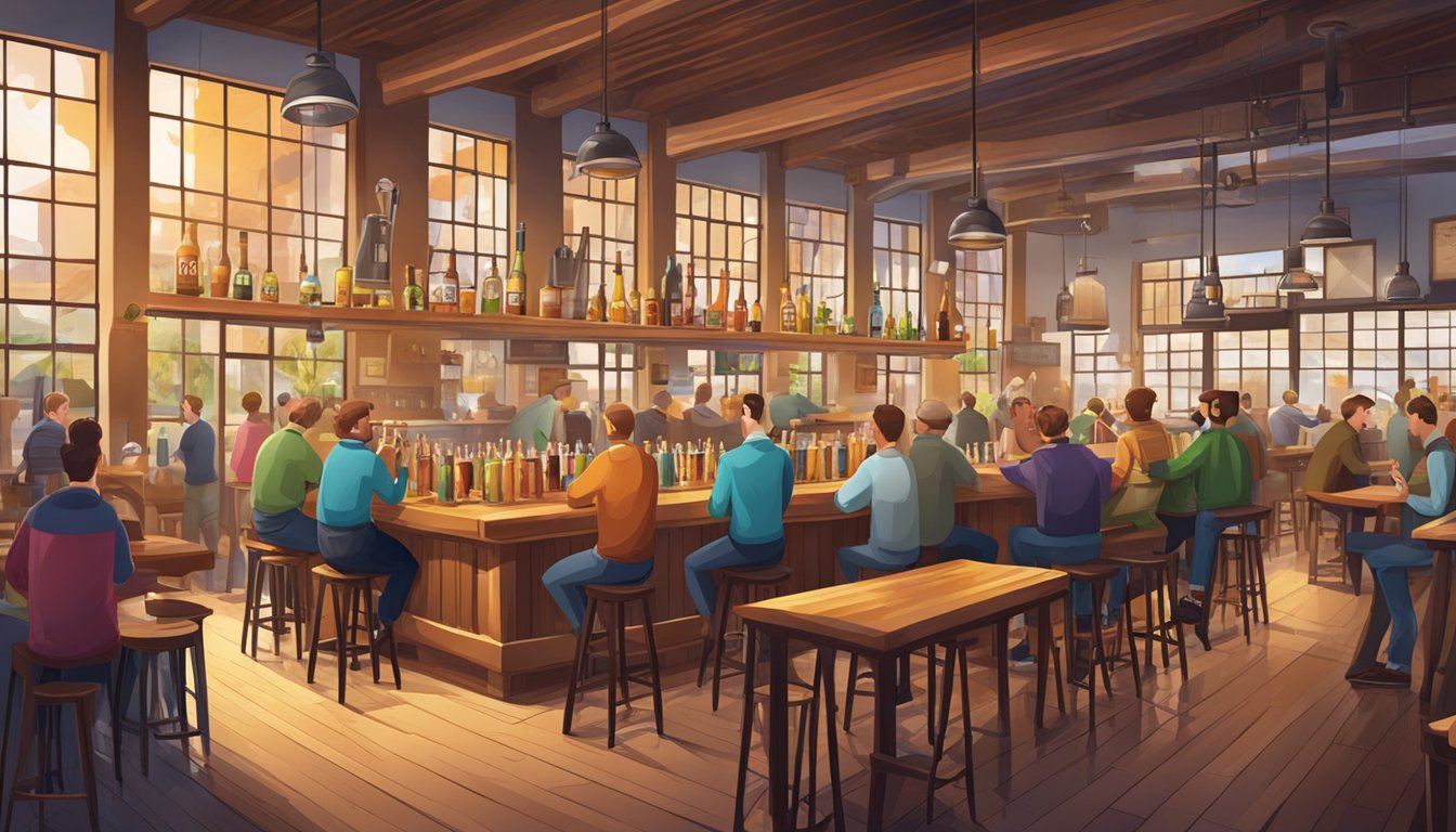 A bustling brewery with colorful beer taps, wooden tables, and lively conversation