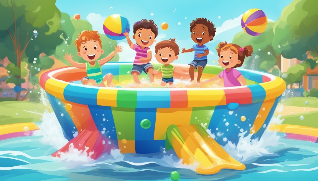 Children play in a colorful kiddie pool, splashing and laughing under the sun. Bright inflatable toys and water jets add to the summertime fun