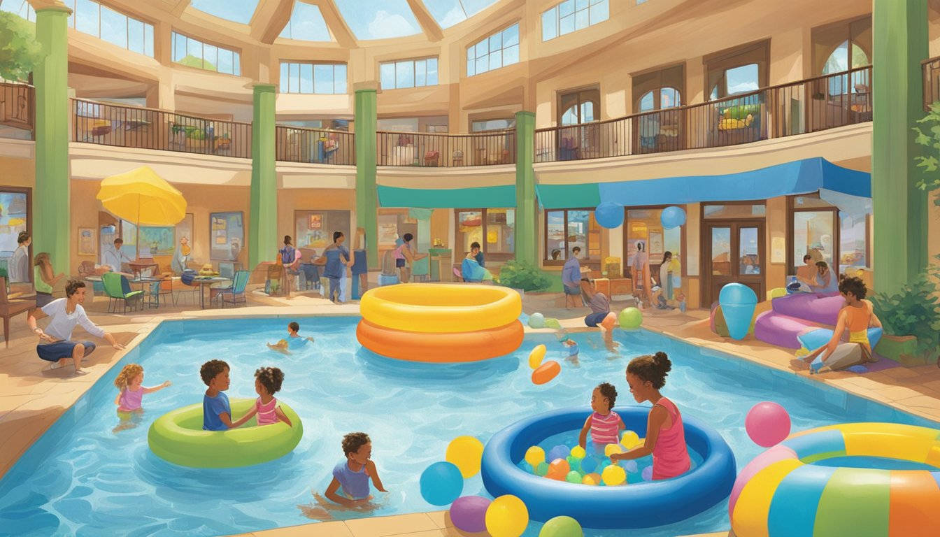 Children playing in Wegmans kiddie pools, surrounded by colorful floaties and water toys, while parents watch from lounge chairs