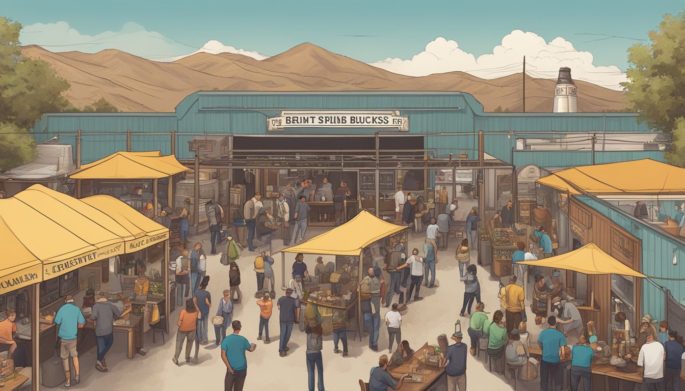 A bustling brewery scene in Lancaster, CA, with patrons enjoying craft beer, live music, and local food trucks