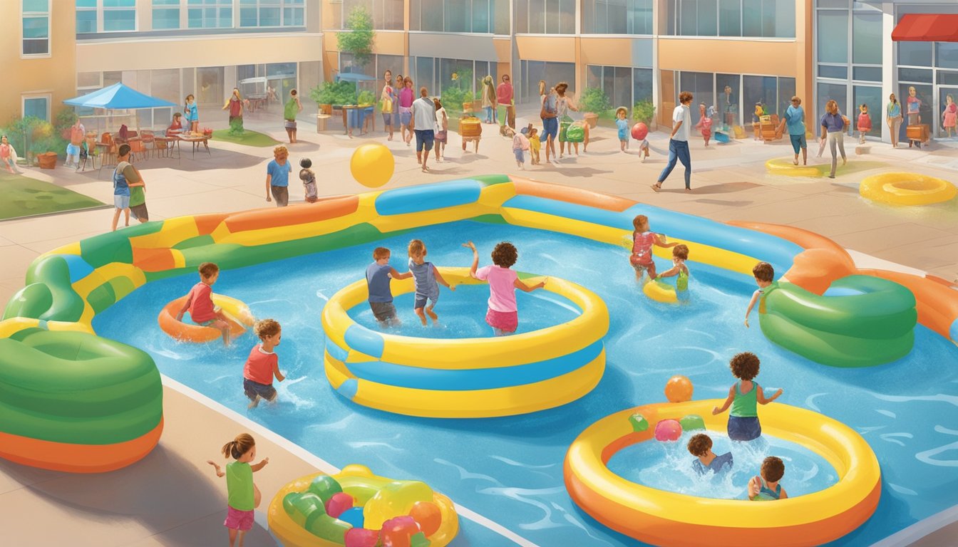 Children playing in colorful Hy-Vee kiddie pools, surrounded by inflatable toys and water splashes, with parents watching nearby