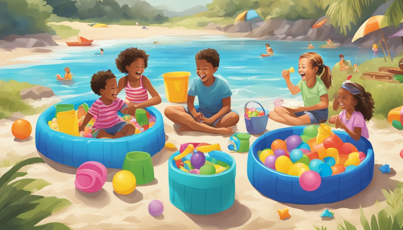 Children laughing and playing in a colorful kiddie pool surrounded by beach toys and a picnic spread