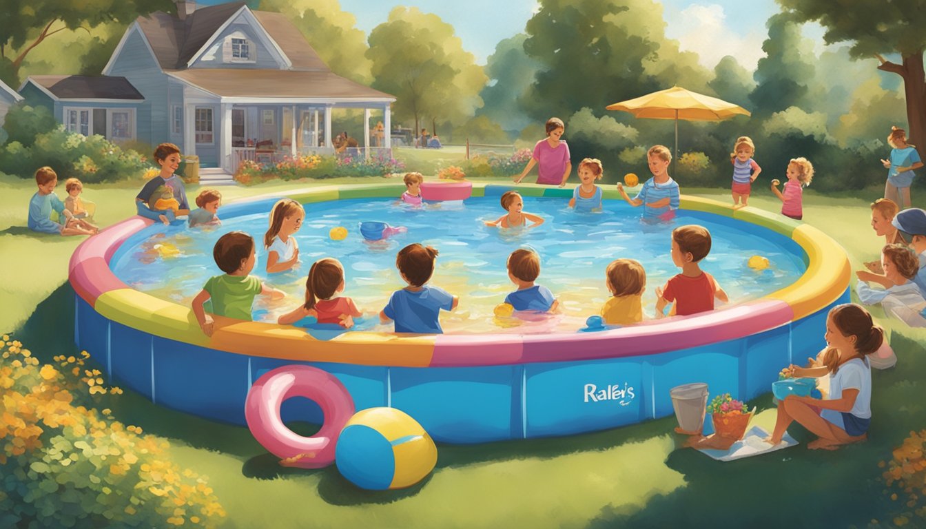 A colorful display of Raley's kiddie pools surrounded by happy families enjoying the summer sun