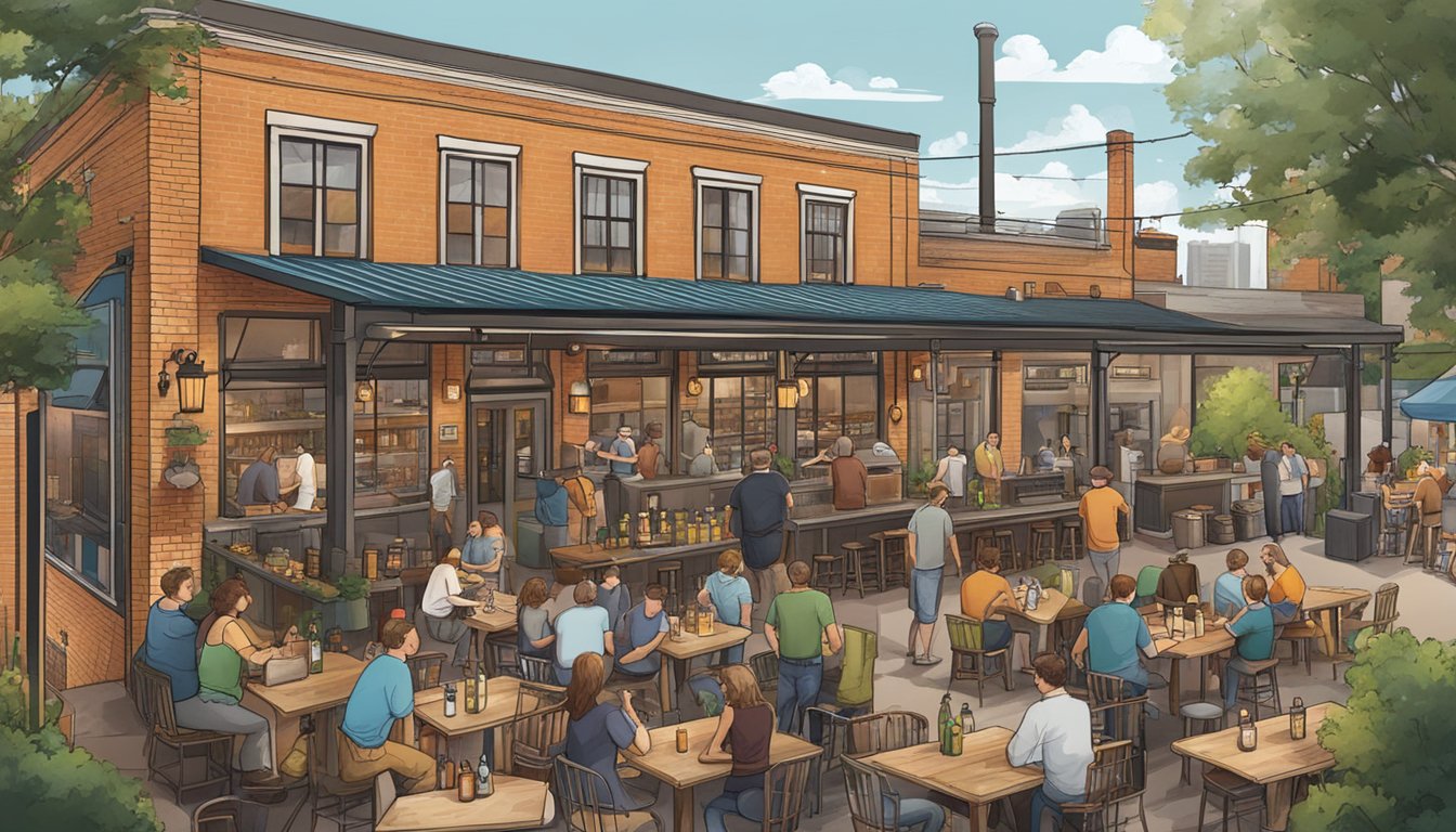 A bustling brewery with outdoor seating, live music, and a variety of craft beers on tap