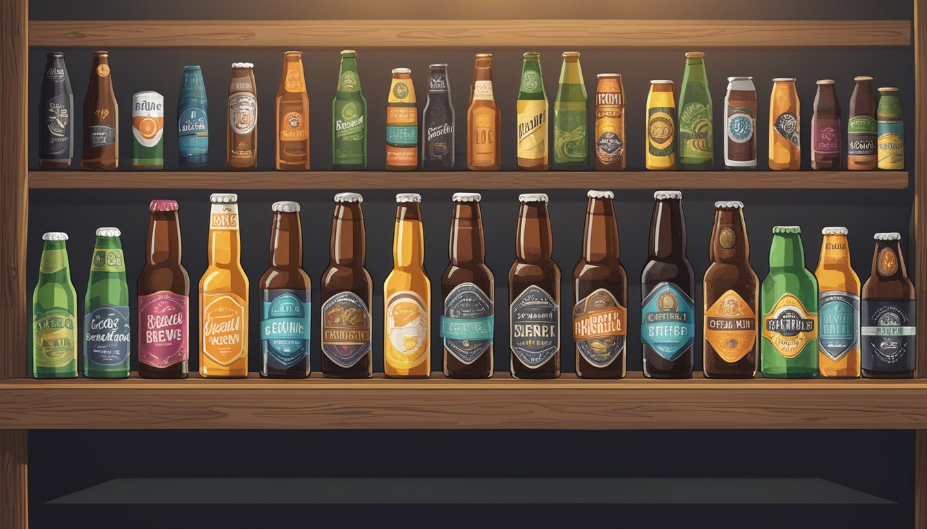 A row of colorful craft beer bottles and cans displayed on a wooden shelf, with a chalkboard menu listing various local brews in the background