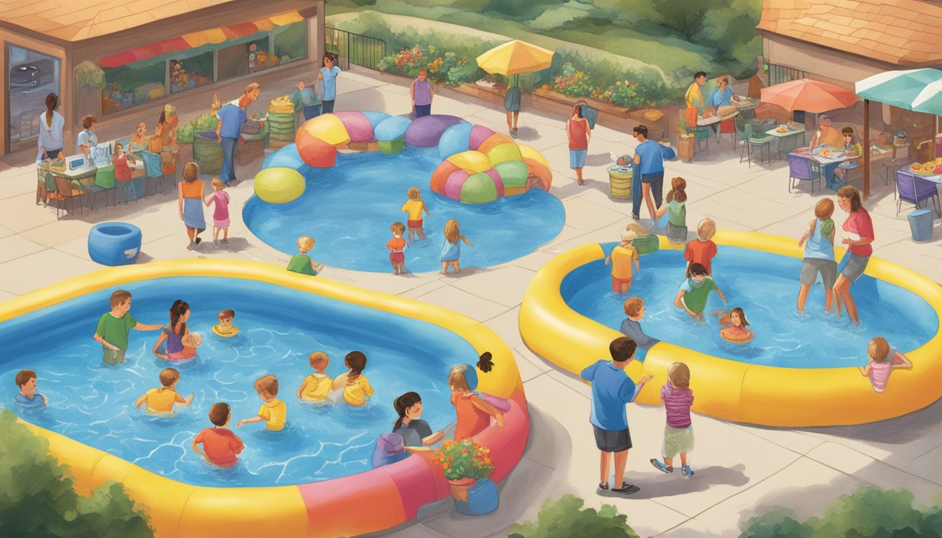 Colorful kiddie pools surrounded by happy families and Wegmans employees assisting customers with purchasing options and customer service