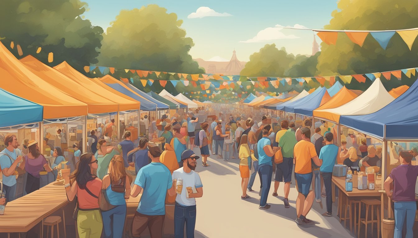 A bustling craft beer festival in Orange, CA, with rows of colorful booths, beer tastings, and enthusiastic patrons enjoying the lively atmosphere