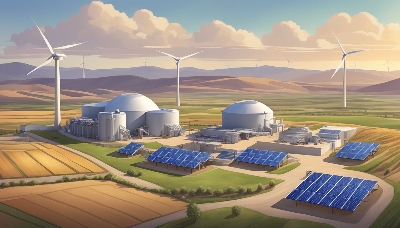 A scenic view of a craft brewery in the Antelope Valley, with solar panels and wind turbines, surrounded by fields and mountains