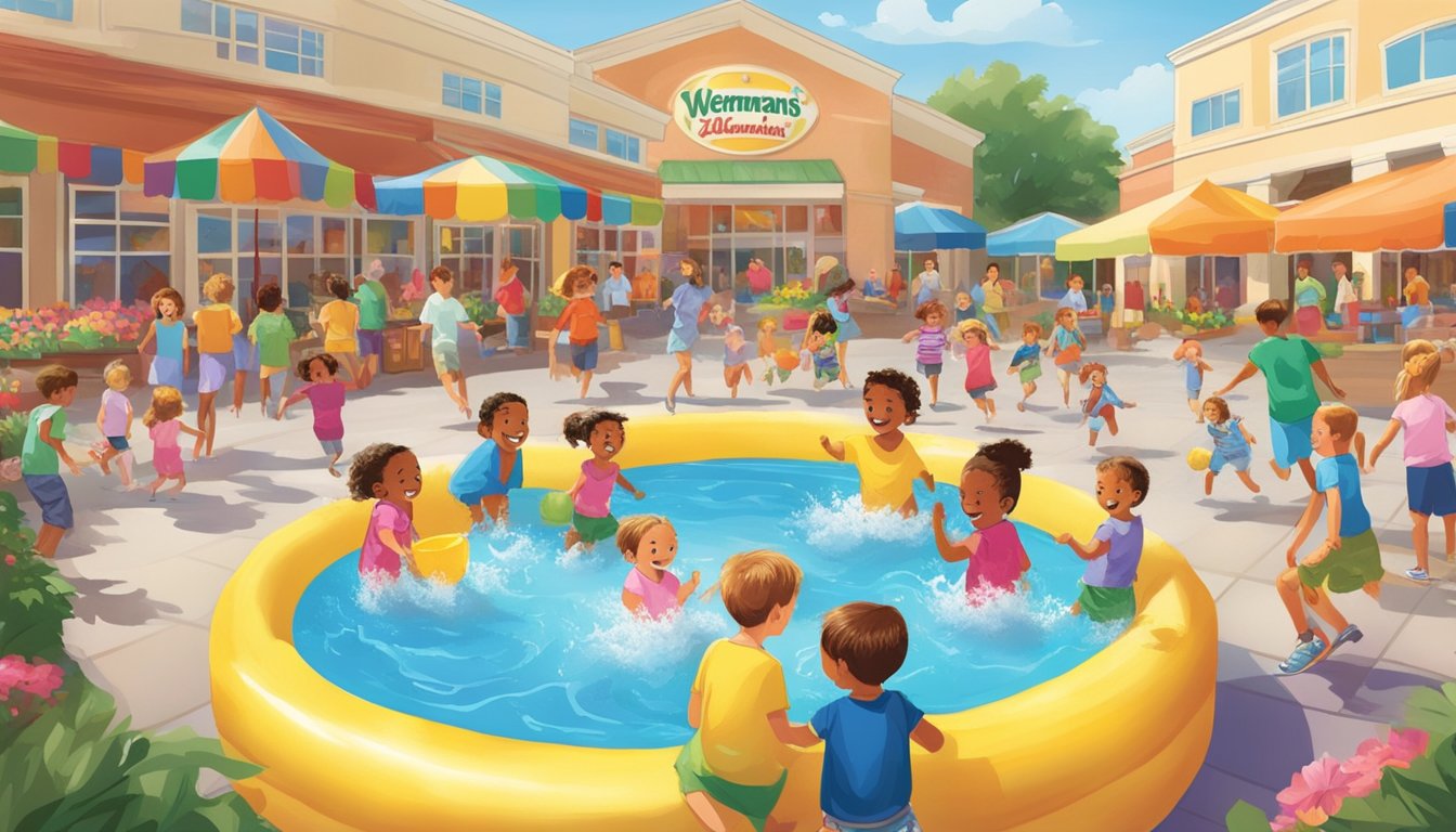 Children splash in colorful kiddie pools at a Wegmans store, surrounded by smiling families and vibrant summer decorations