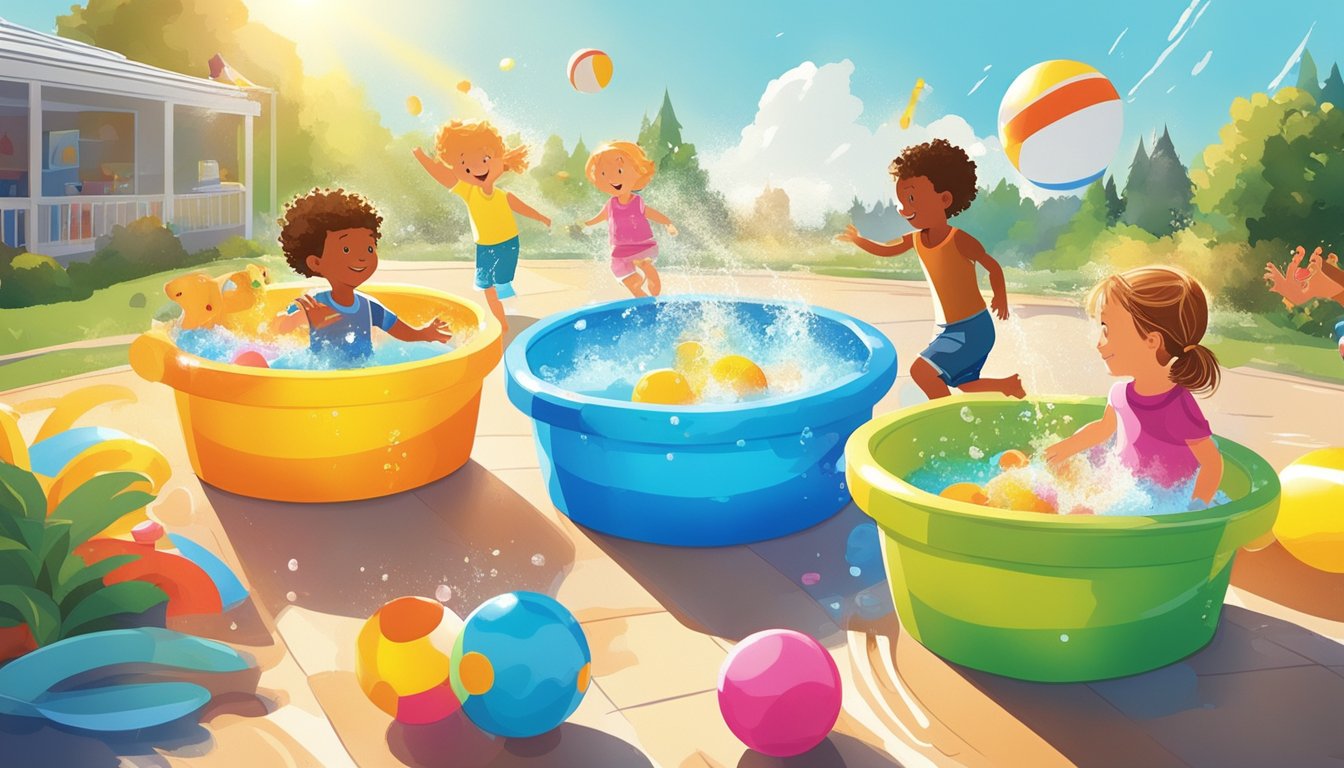 Children playing in colorful kiddie pools with water splashing and toys scattered around. Bright sun and blue sky in the background