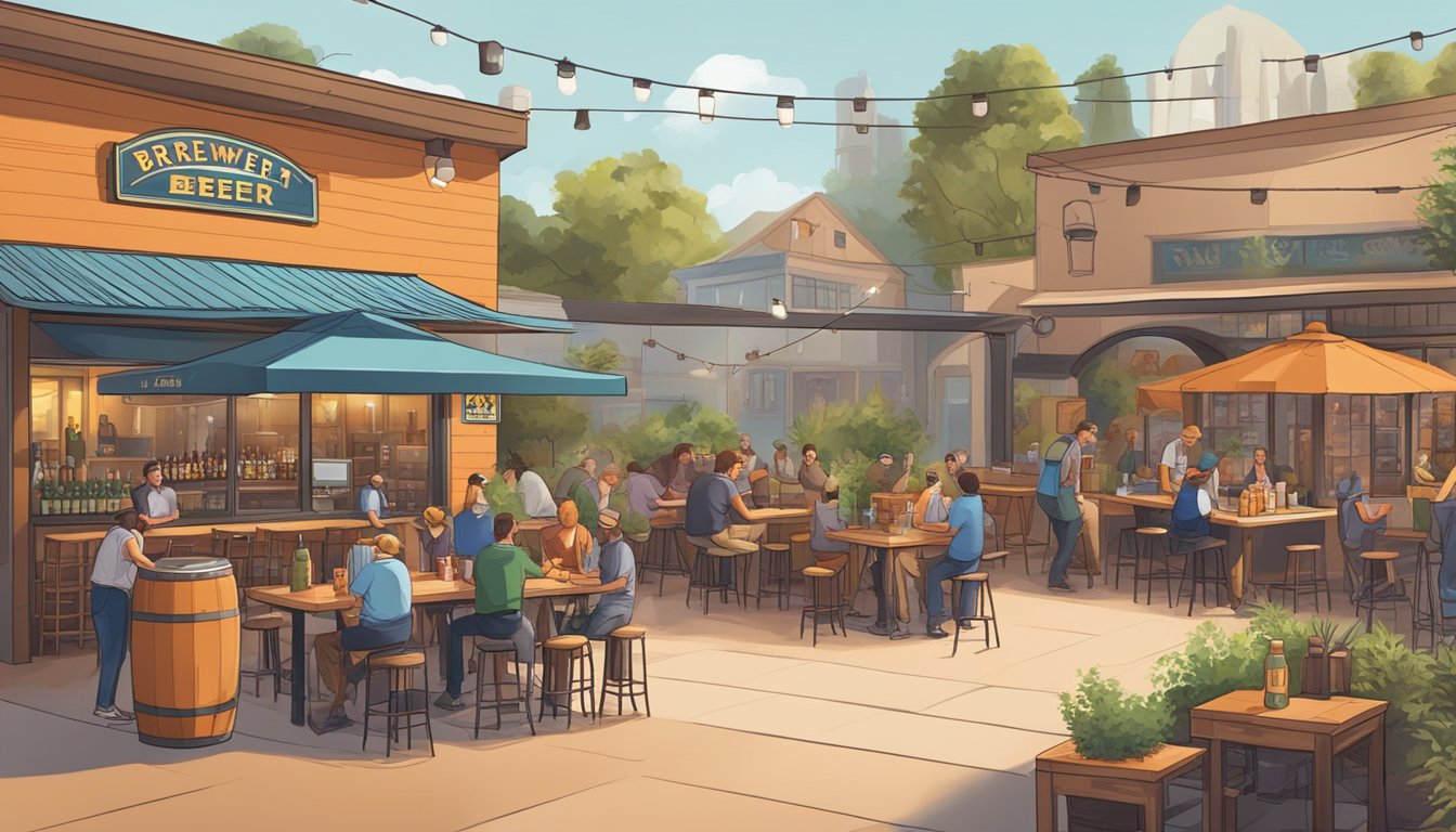 A bustling brewery scene in Orange, CA with diverse craft beer offerings and lively outdoor seating