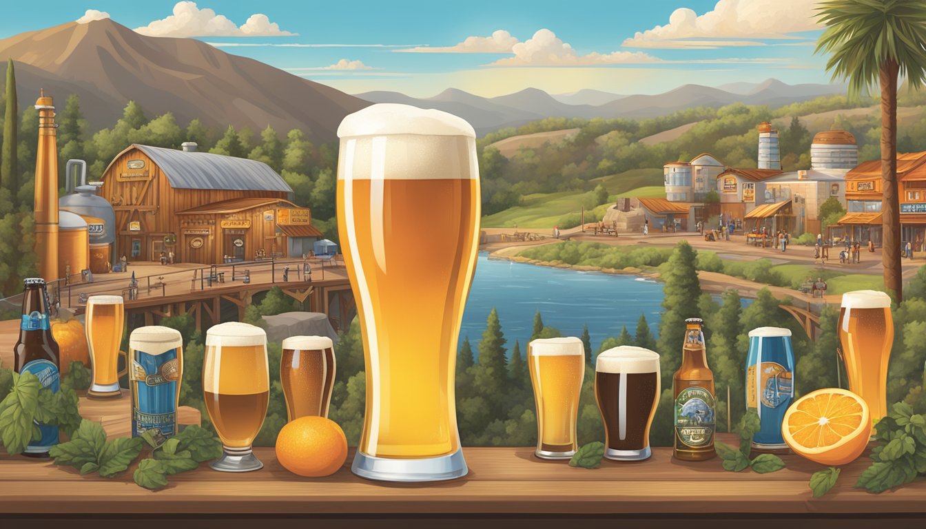 A bustling craft brewery scene in Orange County, with a variety of unique beer labels and tap handles, set against a backdrop of scenic landscapes and vibrant local culture