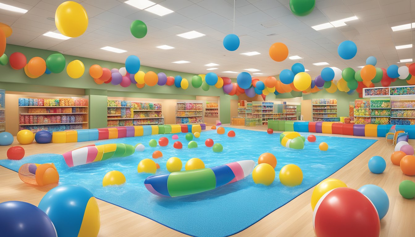 A colorful display of inflatable kiddie pools surrounded by beach balls, water toys, and summer-themed decorations at a Hy-Vee store