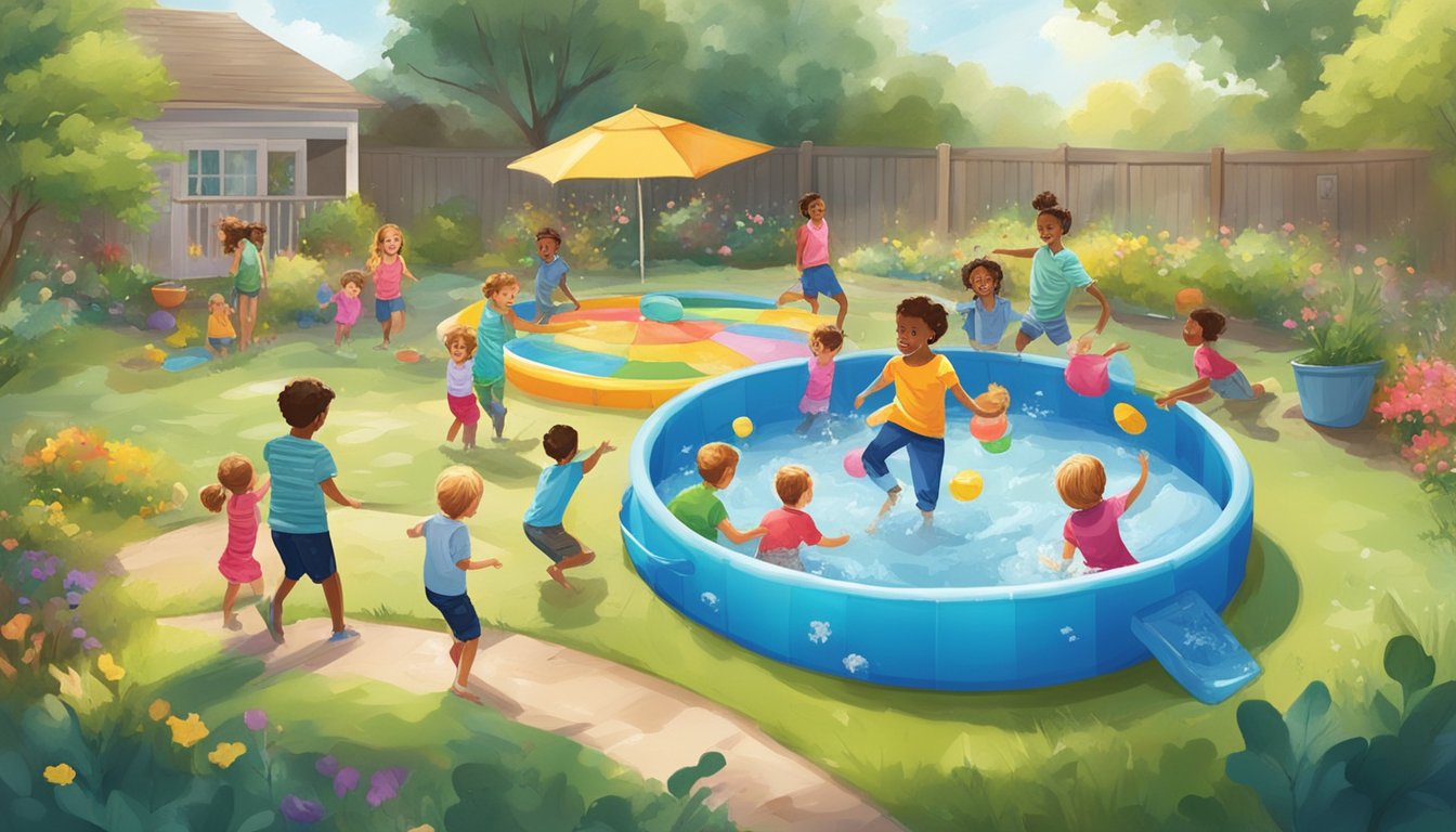 A backyard filled with colorful eco-friendly kiddie pools, surrounded by happy children playing and splashing in the water