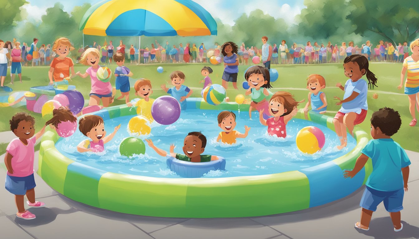 Children of various abilities splash in colorful Hy-Vee kiddie pools at a summer event