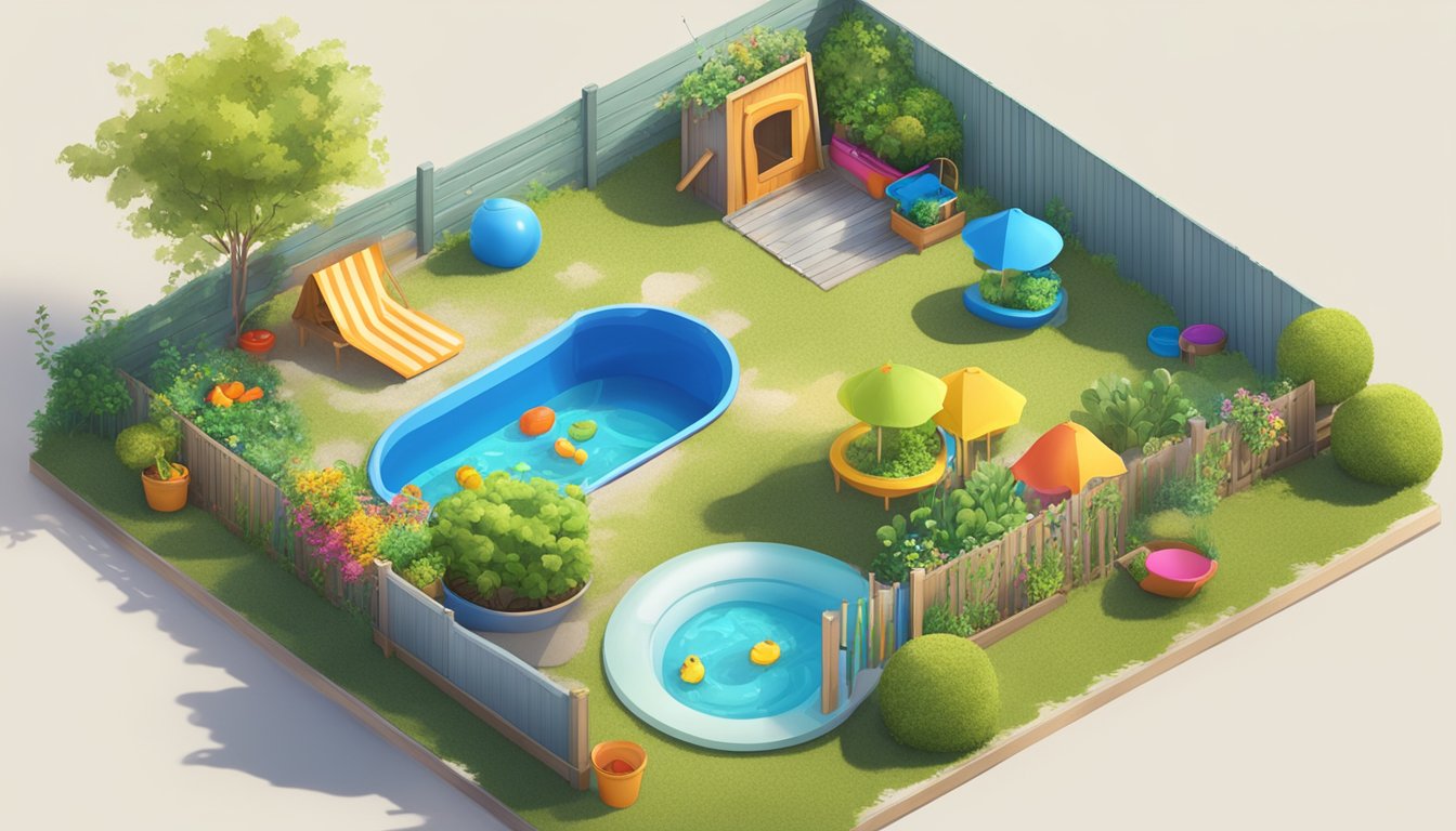 A sunny backyard with a small eco-friendly kiddie pool surrounded by sprouts and colorful toys