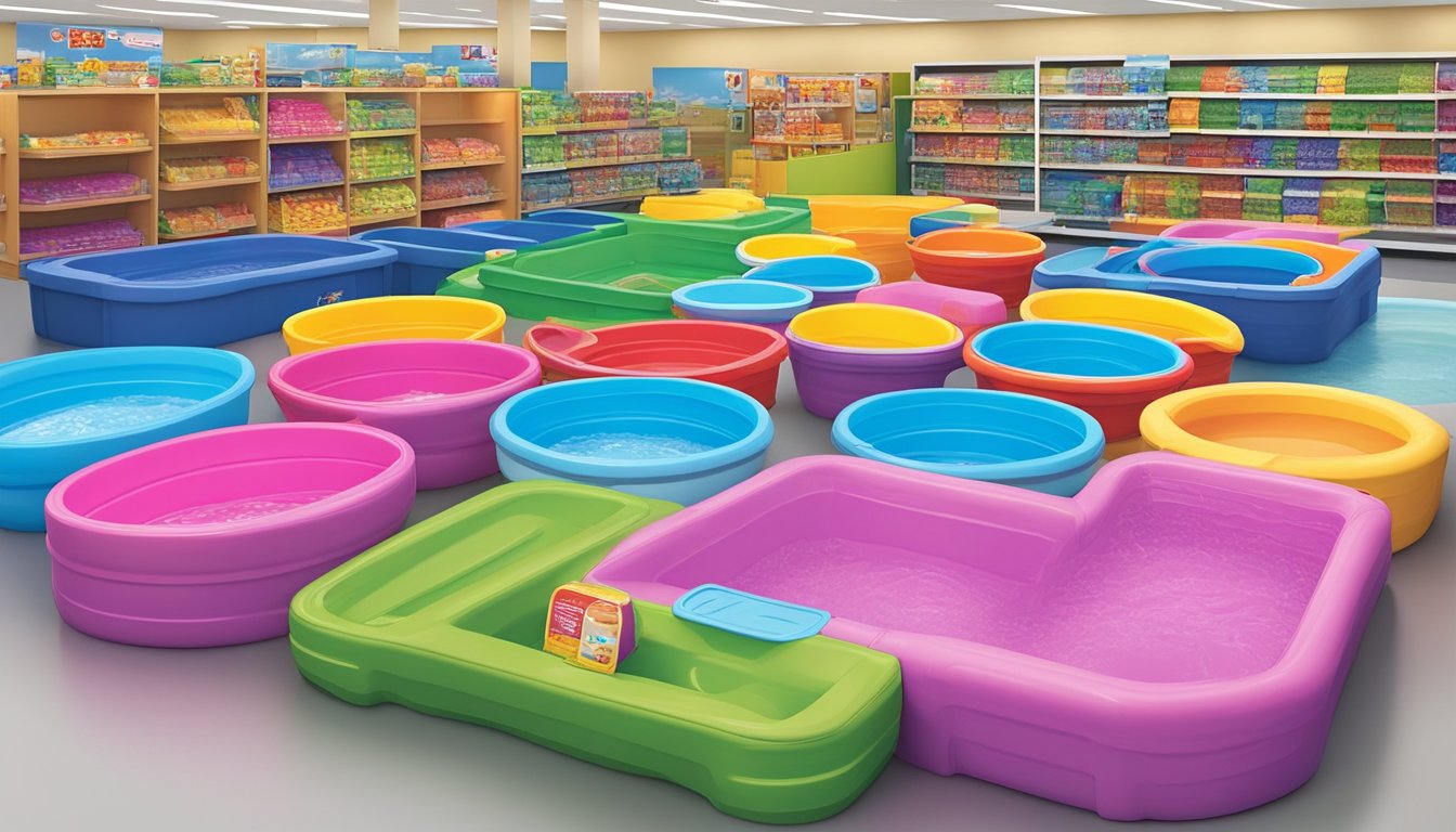 A colorful display of affordable kiddie pools at a Winn Dixie store, with various sizes and designs to choose from