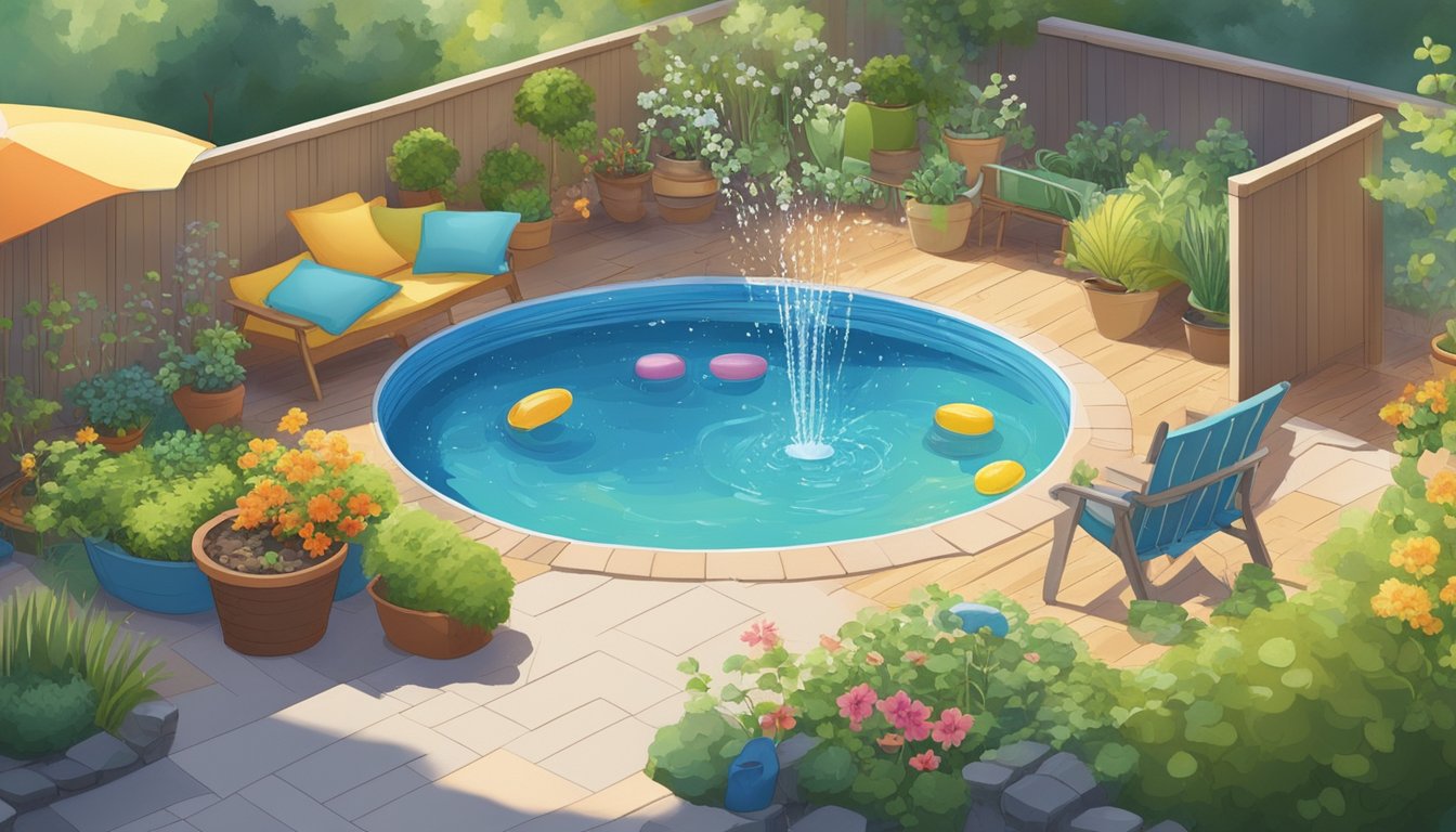 A sunny backyard with a small eco-friendly kiddie pool being filled with water from a garden hose. Surrounding the pool are colorful sprouts and plants, creating a refreshing and inviting atmosphere