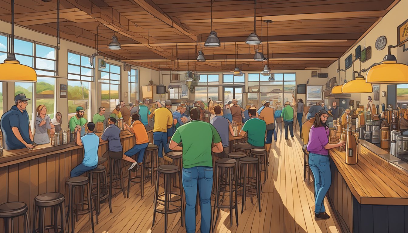 A bustling craft brewery scene in Menifee, CA, with patrons enjoying a variety of unique and flavorful beers in a vibrant and welcoming atmosphere