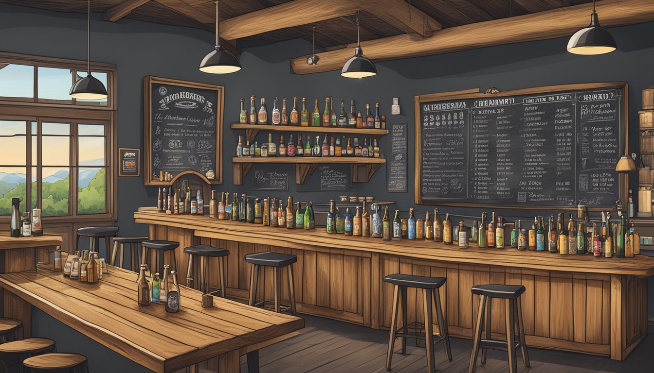 A bustling craft brewery with a variety of beer taps, wooden tables, and a chalkboard listing the local brews available in Pasadena, CA