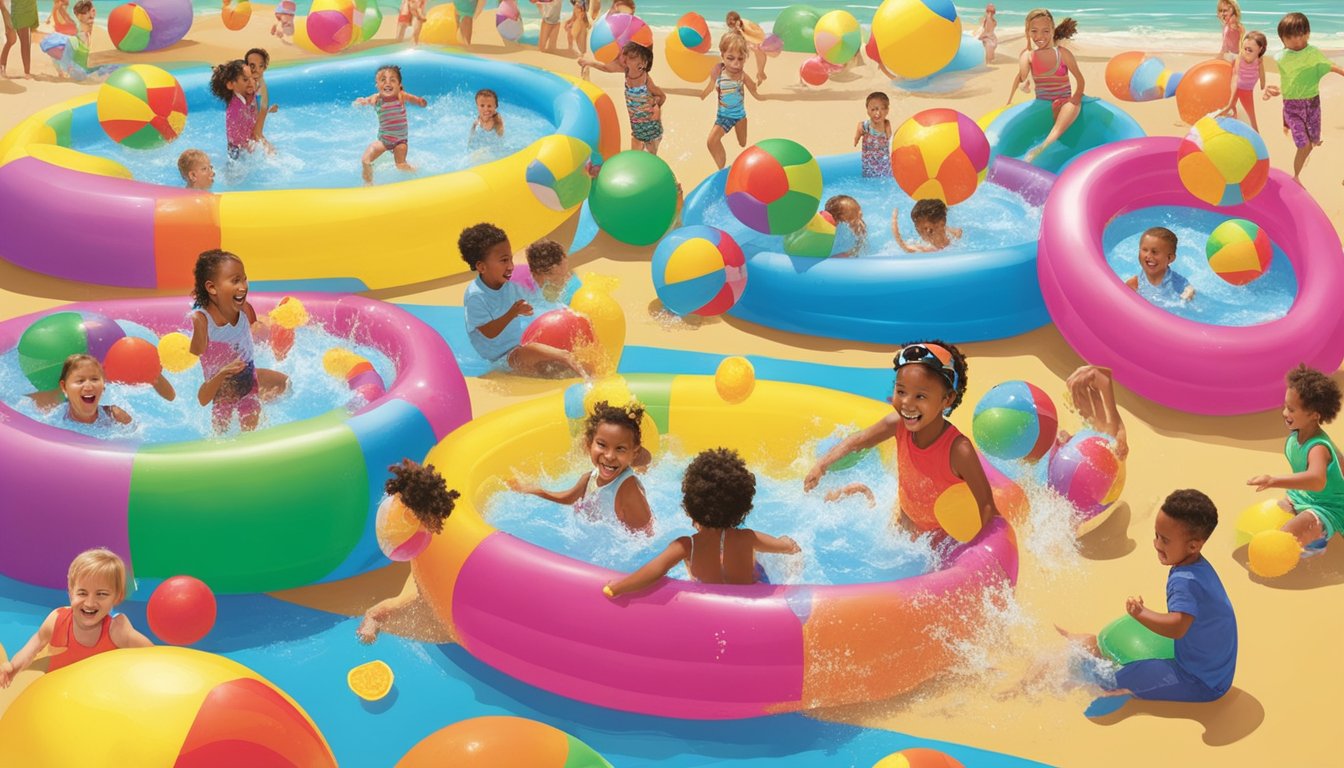 Children splashing in colorful kiddie pools at H-E-B, surrounded by inflatable toys and beach balls