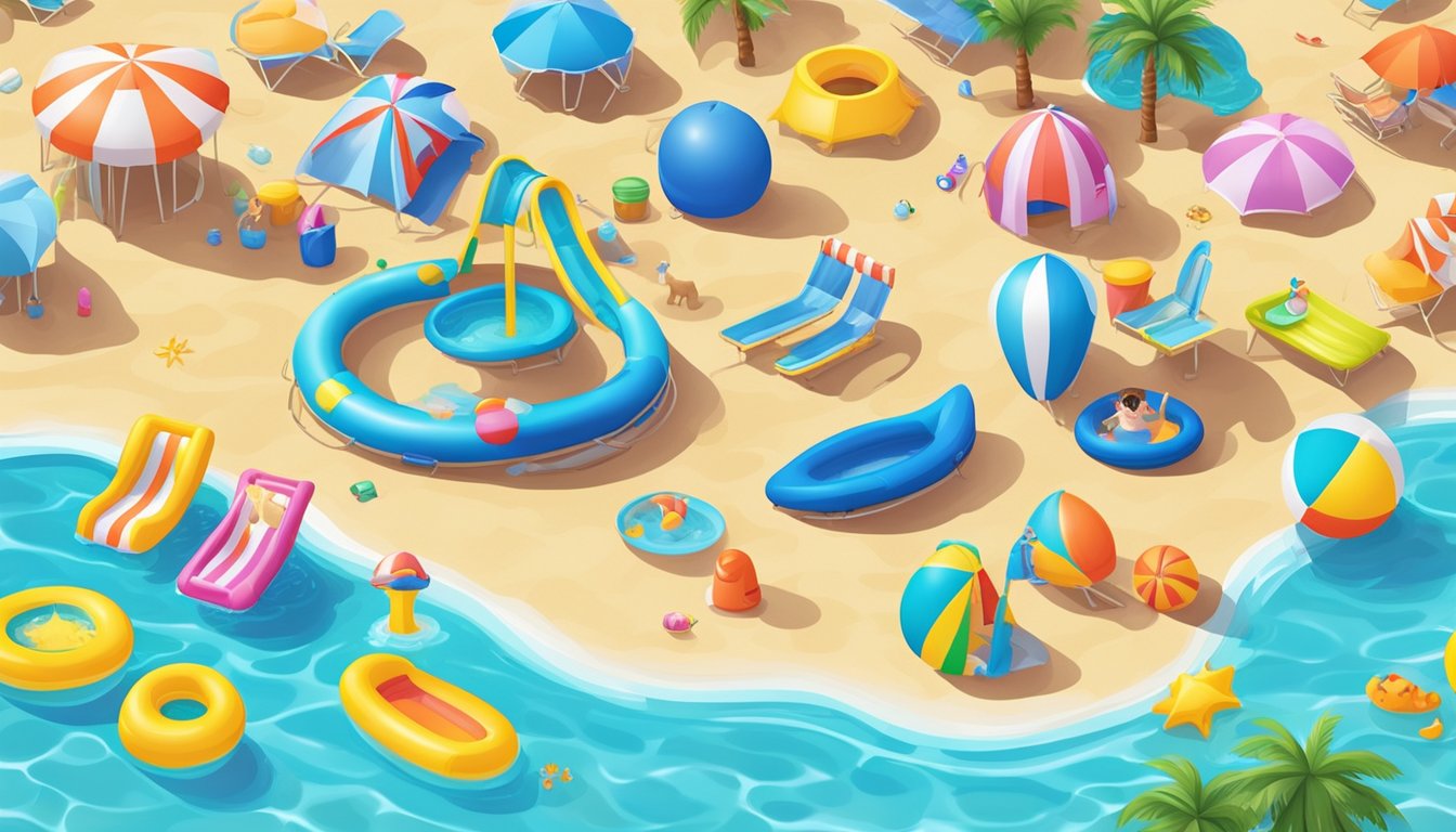 A colorful assortment of inflatable kiddie pools surrounded by playful water toys and beach accessories