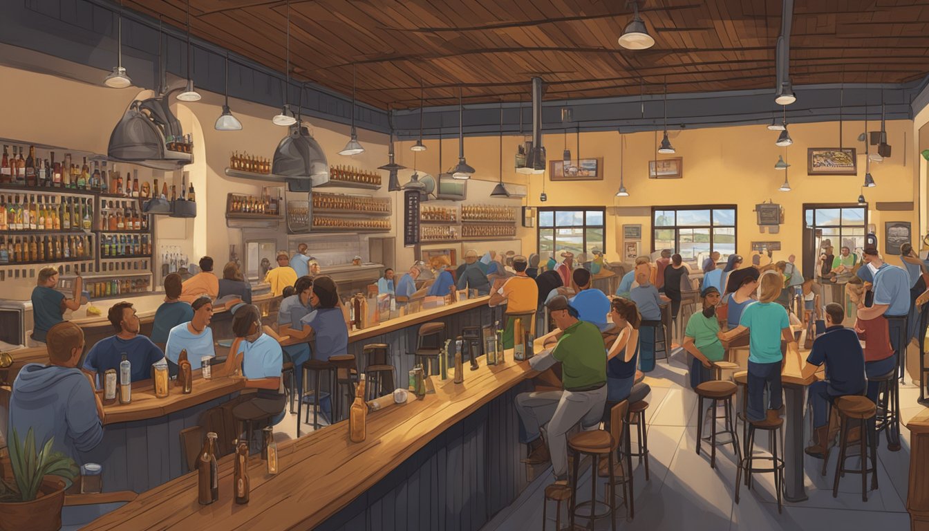 A bustling brewery scene with patrons enjoying local craft beer in Menifee, CA. Tables and chairs fill the space, and the bar is lined with taps and beer bottles