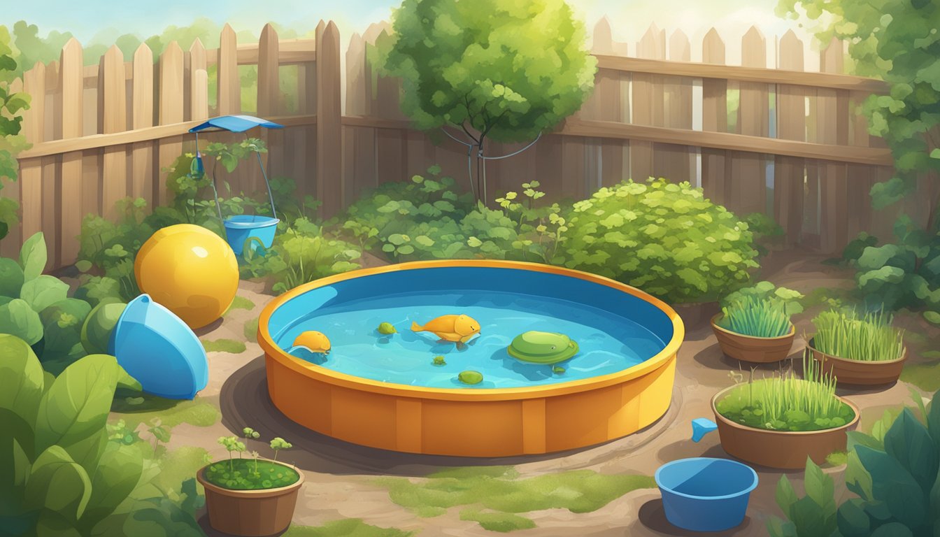 A backyard with a small kiddie pool filled with water surrounded by eco-friendly sprouts and other sustainable summer toys