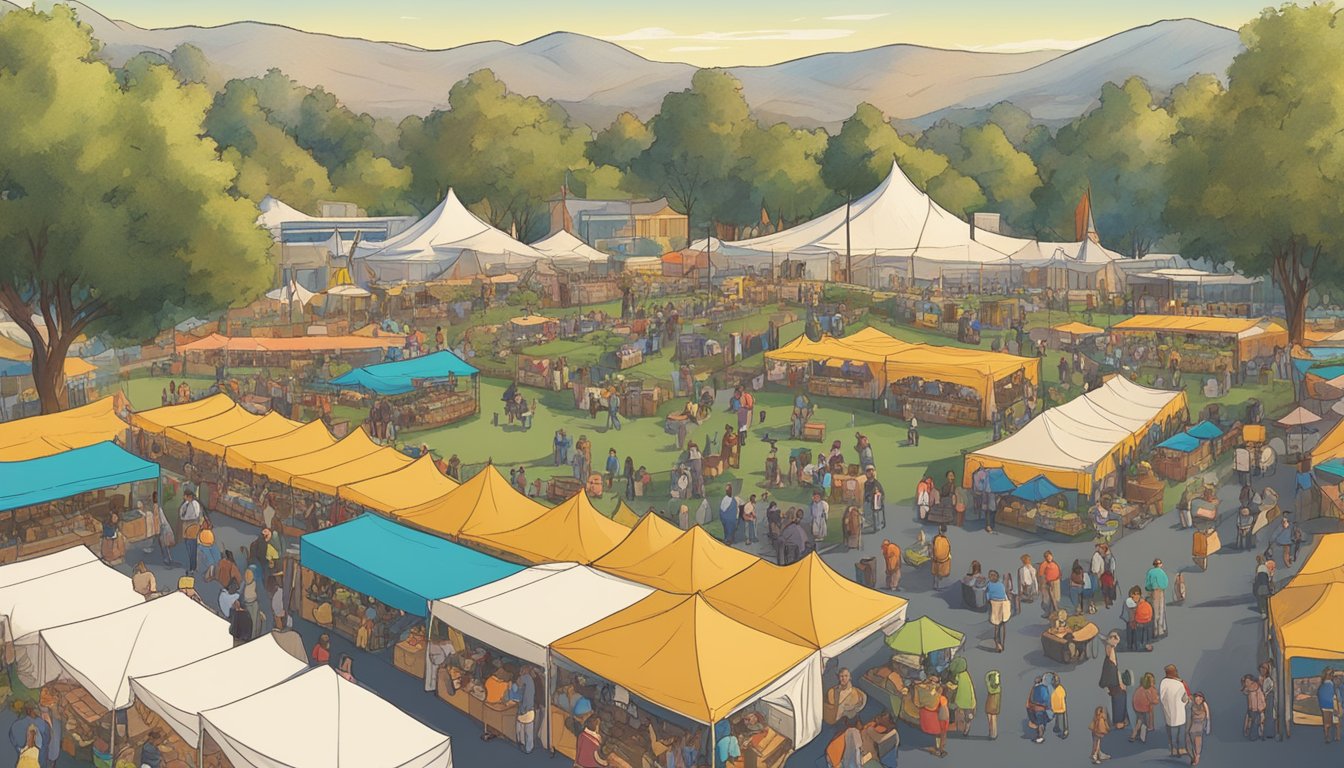 A bustling outdoor craft beer festival, with colorful tents and lively music, surrounded by the scenic backdrop of Pasadena, California