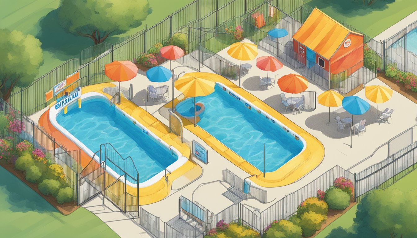 A brightly colored H-E-B kiddie pool surrounded by a fence with a locked gate, a lifeguard chair nearby, and a sign detailing safety rules