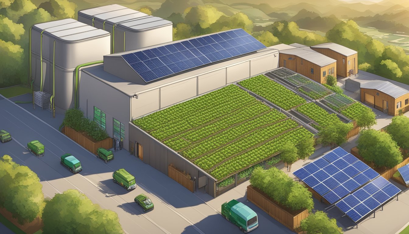 A brewery in LA with solar panels on the roof, recycling bins, and a garden growing hops and barley