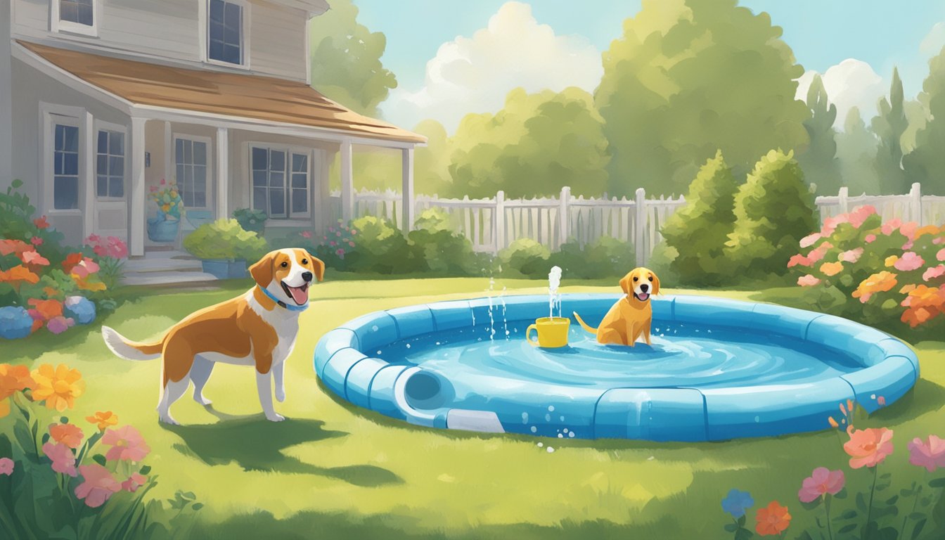 A sunny backyard with a colorful kiddie pool being filled with water from a garden hose. A smiling dog sits nearby, eager to jump in