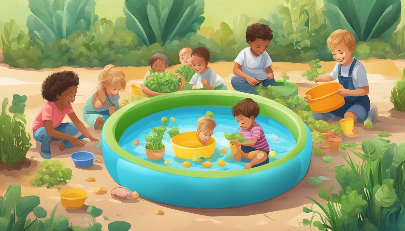 A group of children play in a colorful, eco-friendly kiddie pool surrounded by sprouts and other sustainable accessories