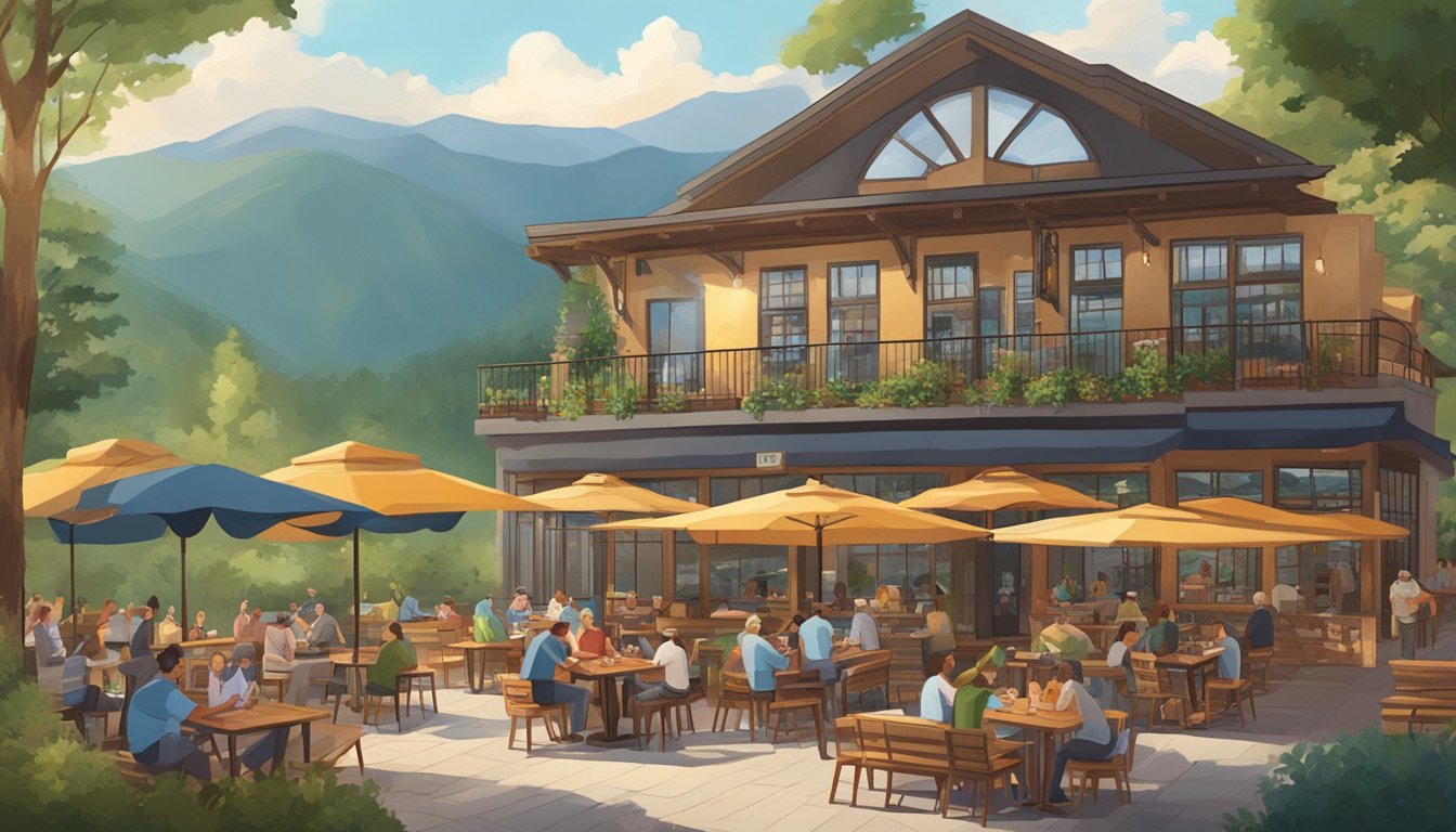 A bustling brewpub with outdoor seating, surrounded by lush greenery and a mountainous backdrop. Customers enjoy local craft beer at picnic tables