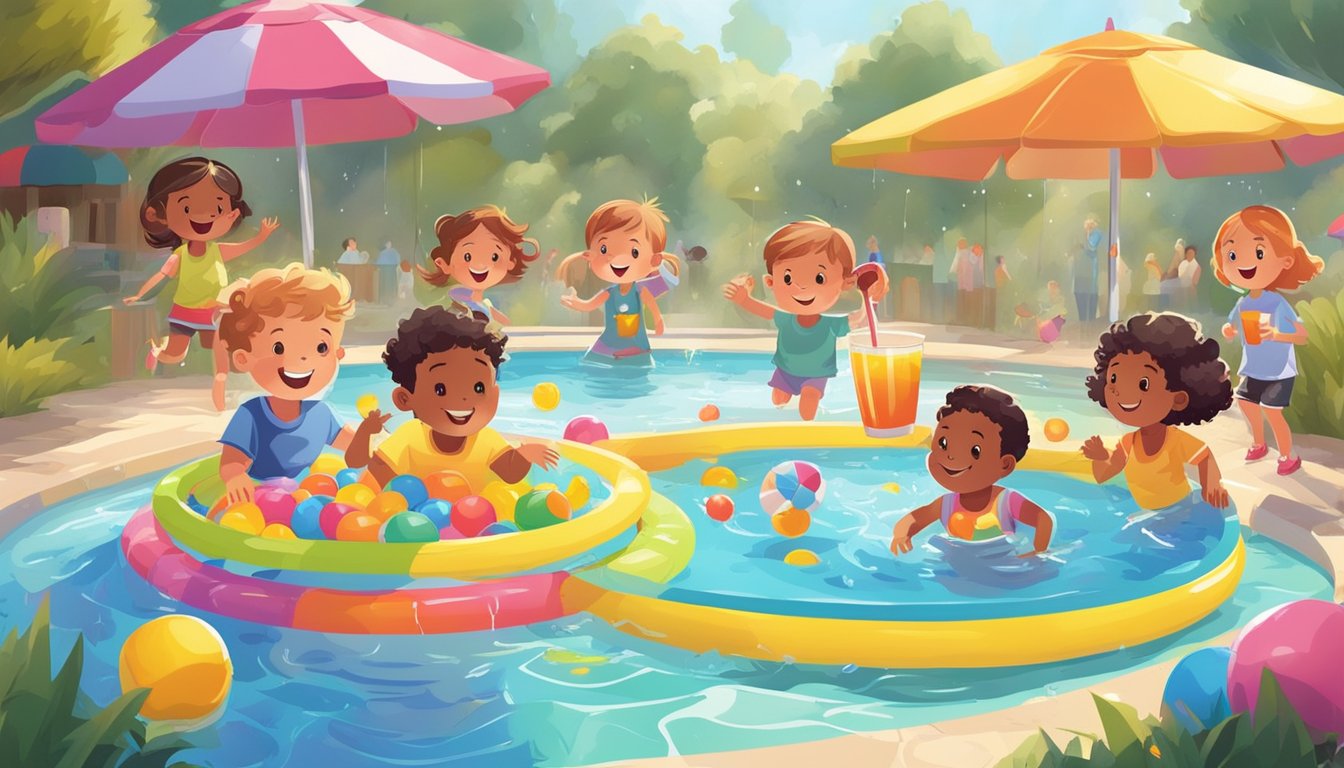 A colorful kiddie pool surrounded by happy children splashing and playing, with sun umbrellas and cool drinks nearby