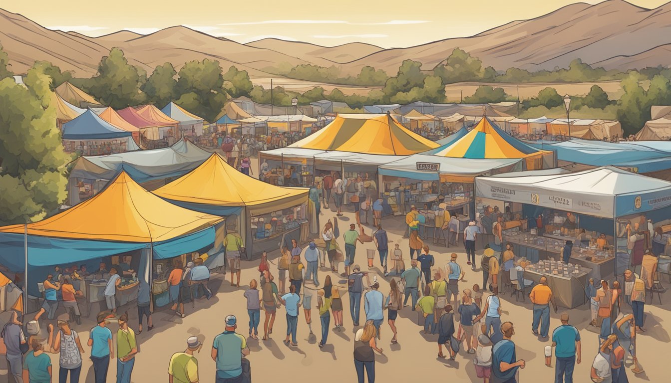 A bustling craft beer festival in Menifee, CA, with colorful tents, live music, and people enjoying a variety of local brews