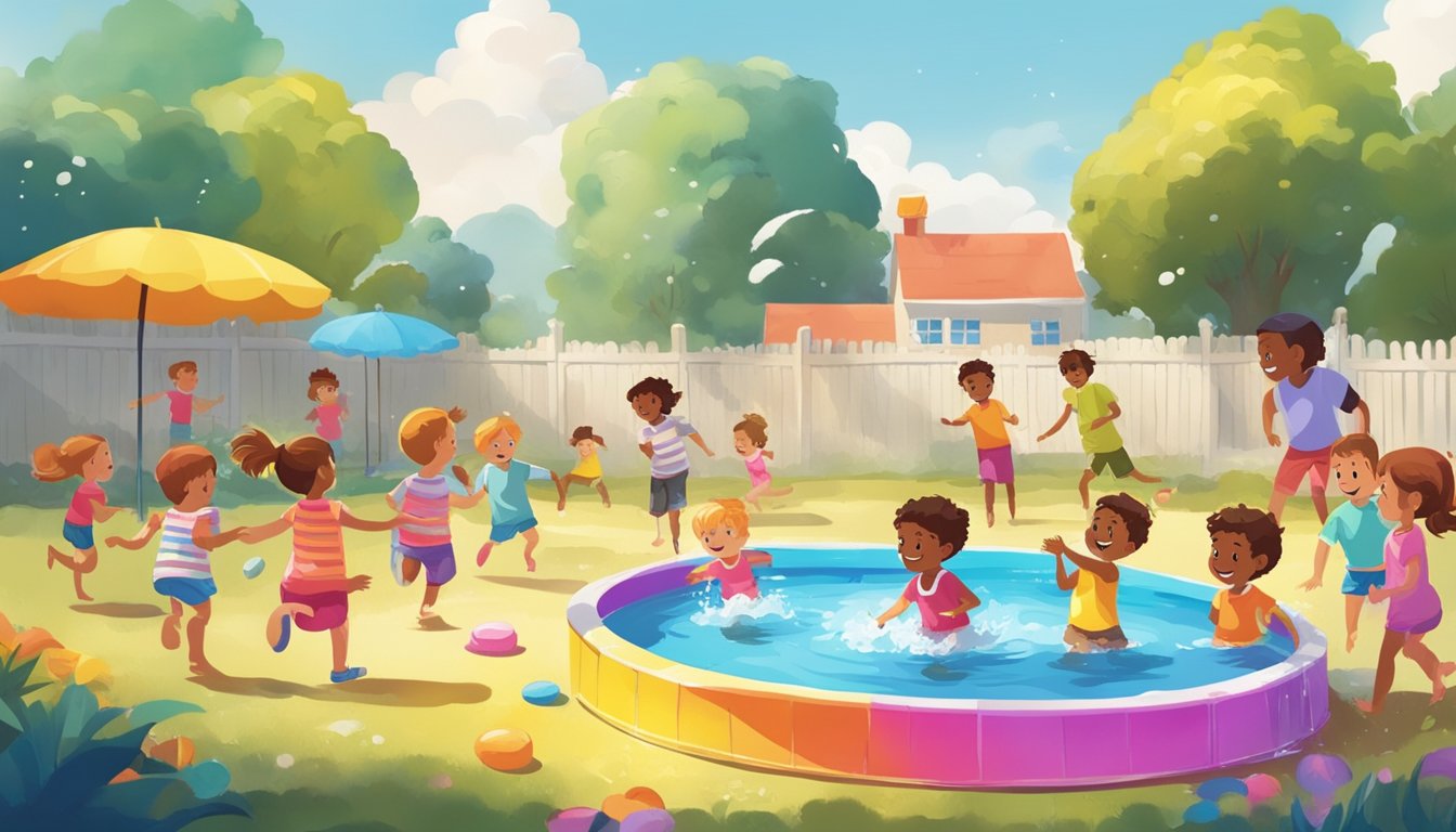 A colorful kiddie pool surrounded by happy children splashing and playing in the water on a sunny day