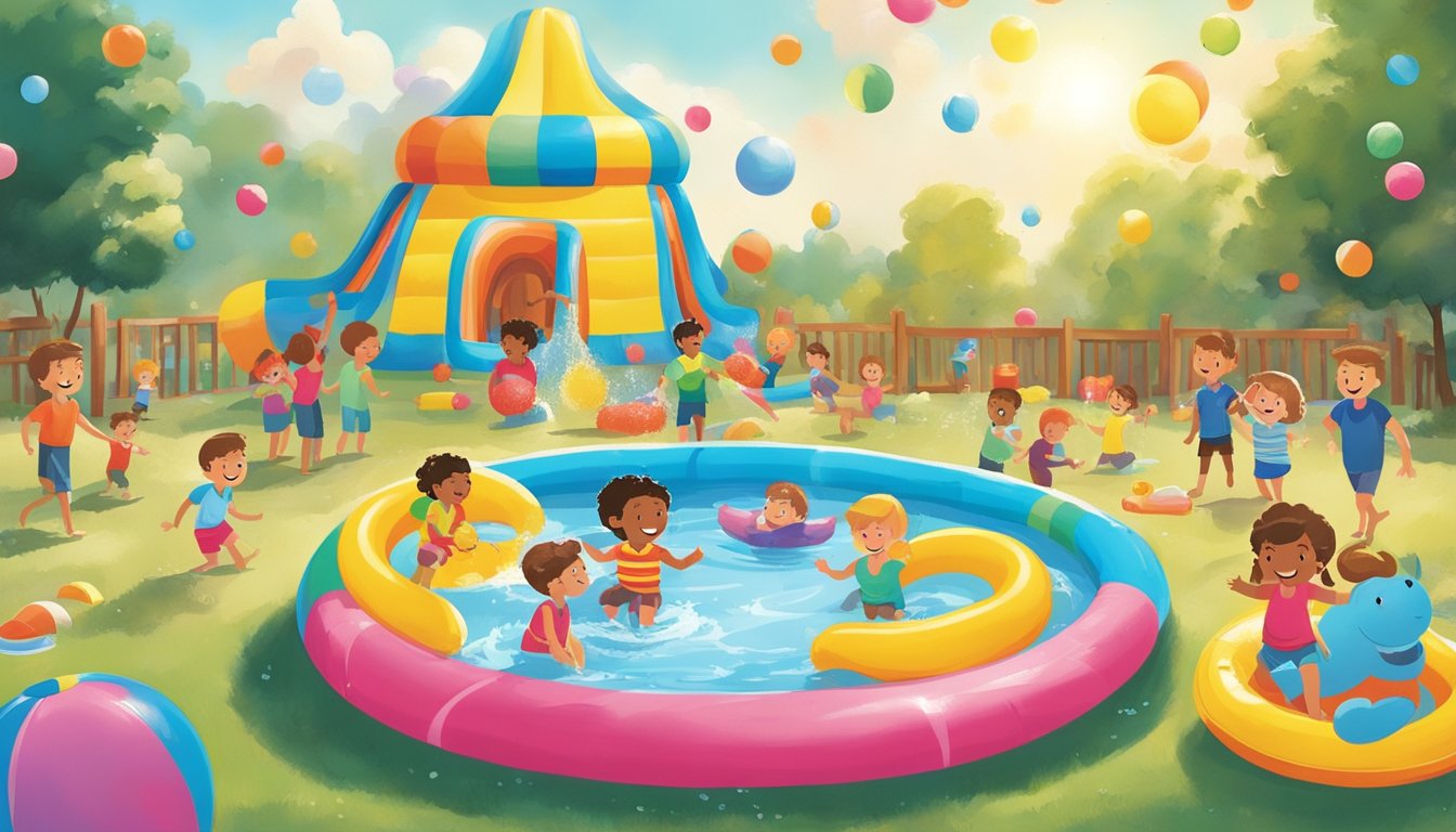 A colorful h-e-b kiddie pool filled with splashing water, surrounded by happy children playing with inflatable toys and enjoying the summer sun