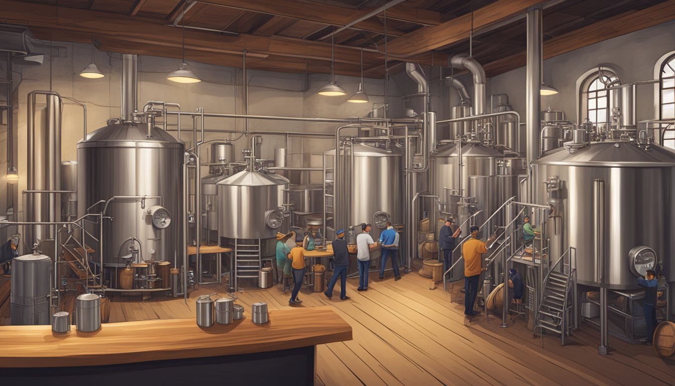 A bustling craft brewery with stainless steel tanks, wooden barrels, and a variety of brewing equipment. Customers enjoy tastings at the bar while workers diligently monitor the brewing process