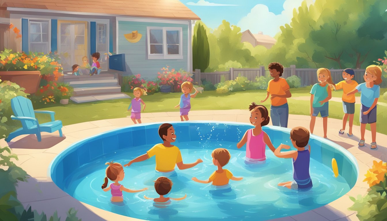 A sunny backyard with a colorful kiddie pool surrounded by happy children and parents enjoying the cool water on a hot day