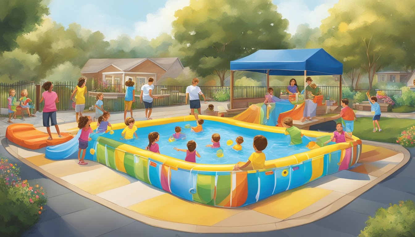 A sunny outdoor display with colorful H-E-B kiddie pools surrounded by happy children and families