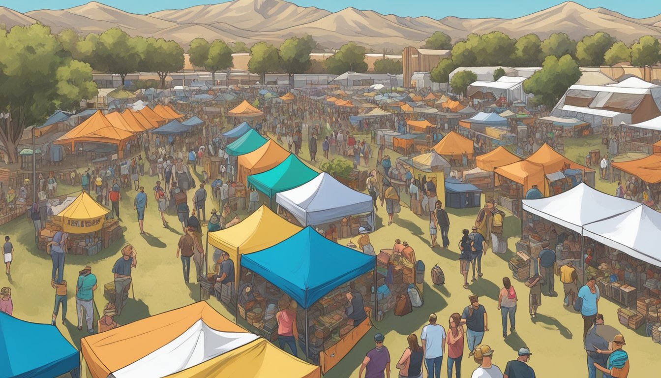 A bustling craft beer festival with rows of colorful tents, live music, and people sampling a variety of local brews in Menifee, CA