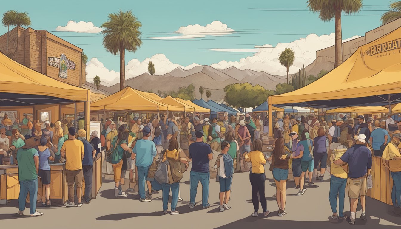 A bustling craft beer festival in Moreno Valley, with a variety of local breweries showcasing their unique brews to eager patrons