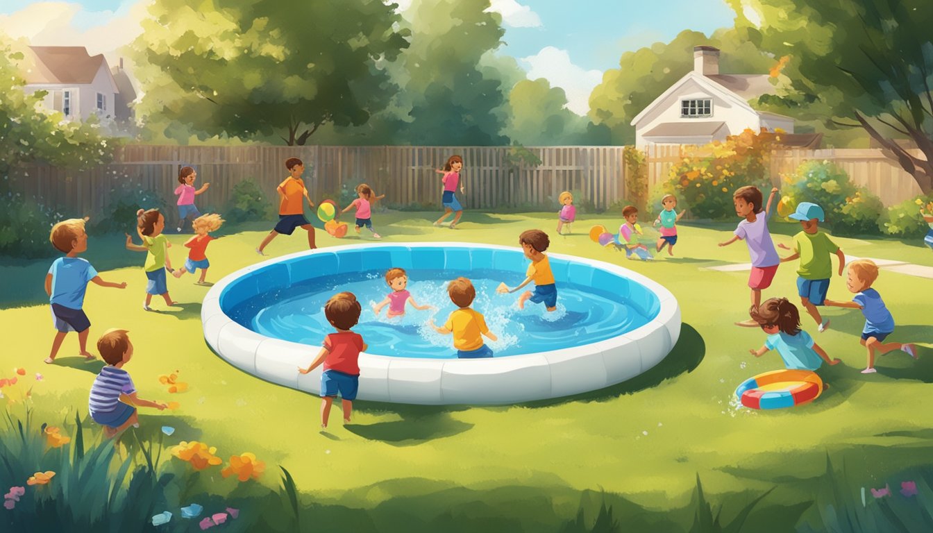 A sunny backyard with a colorful kiddie pool, surrounded by happy children playing and splashing in the water