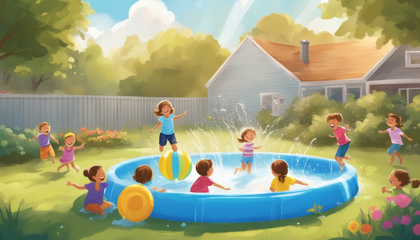 Children playing in a backyard with a colorful kiddie pool, water splashing and laughter filling the air on a sunny summer day