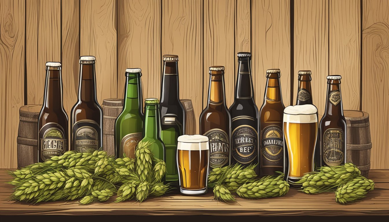 A group of craft beer bottles and glasses arranged on a rustic wooden table with hops and barley scattered around