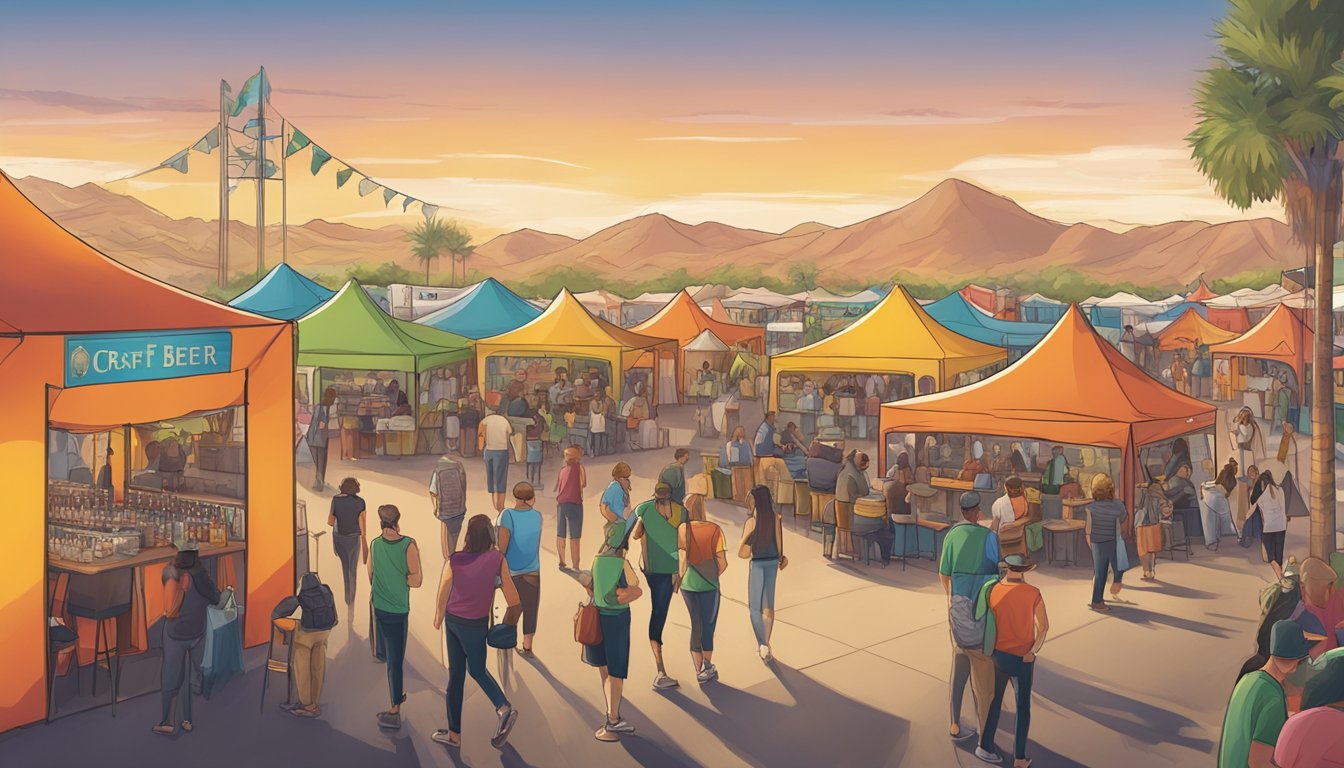 A bustling craft beer festival in Moreno Valley, with a variety of breweries showcasing their unique brews under colorful tents