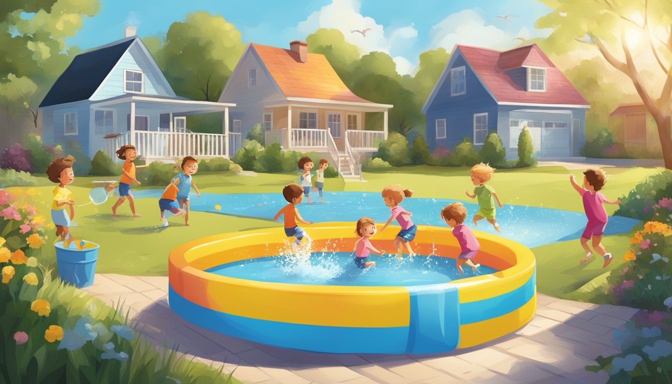 A sunny backyard with a colorful kiddie pool, surrounded by happy children playing and splashing in the water