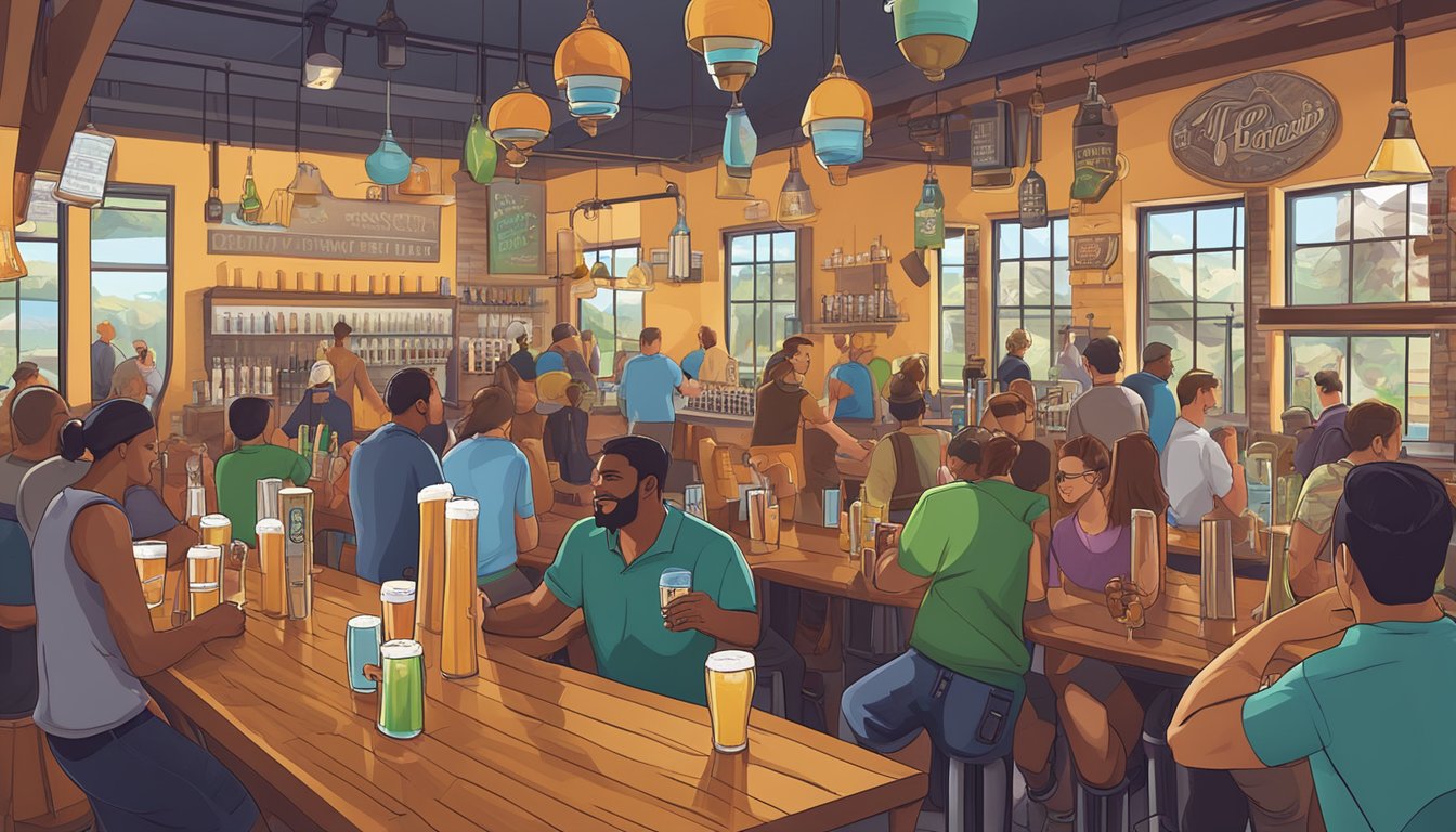 A bustling craft brewery scene in Moreno Valley, with colorful tap handles, beer flights, and patrons enjoying the local brews