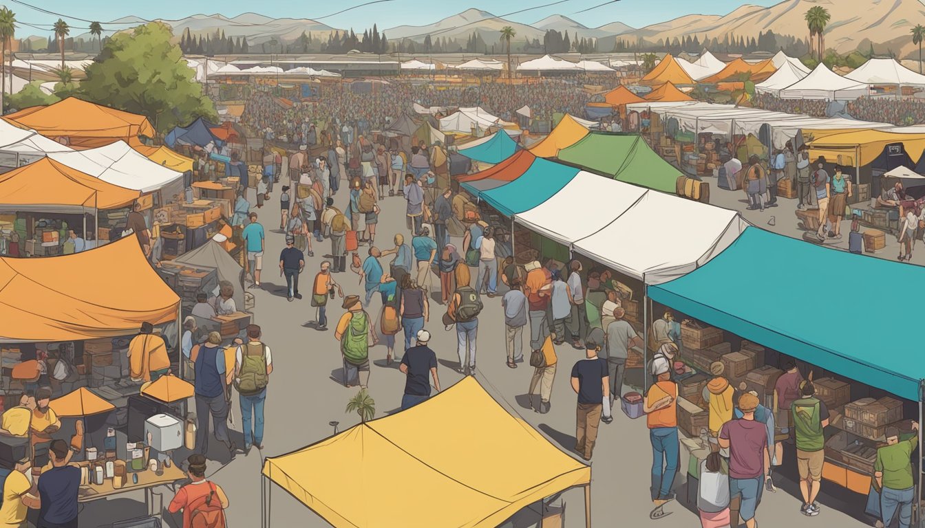 A bustling craft beer festival in Rialto, CA, with rows of colorful tents, live music, and people sampling various local brews